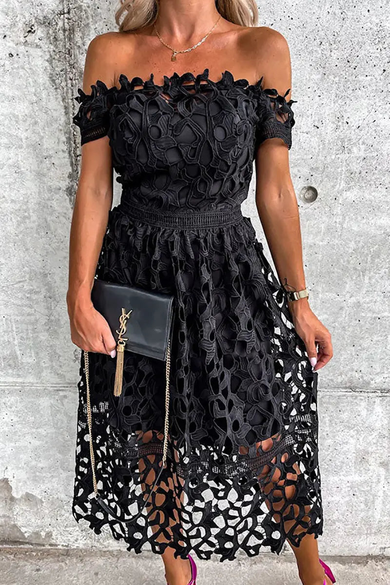 Off Shoulder Crochet Lace Prom Dress - Fashionpara