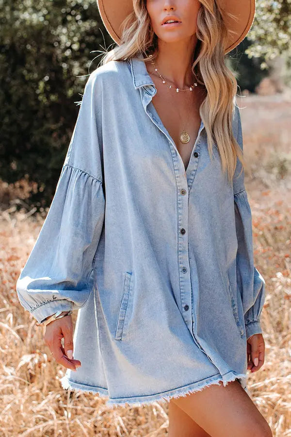 Frayed Hemline Button Long Sleeve Denim Dress - Fashionpara