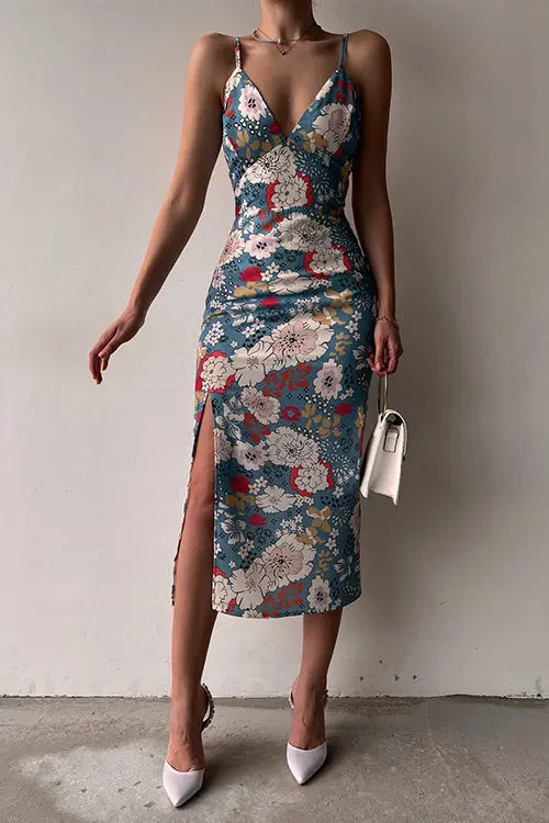 Floral Lace Back Slip Slit Slim Dress - Fashionpara