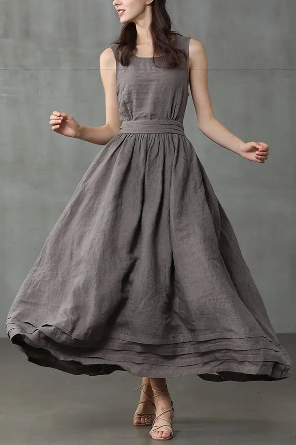 Cross Back O Neck Maxi Linen Dress - Fashionpara