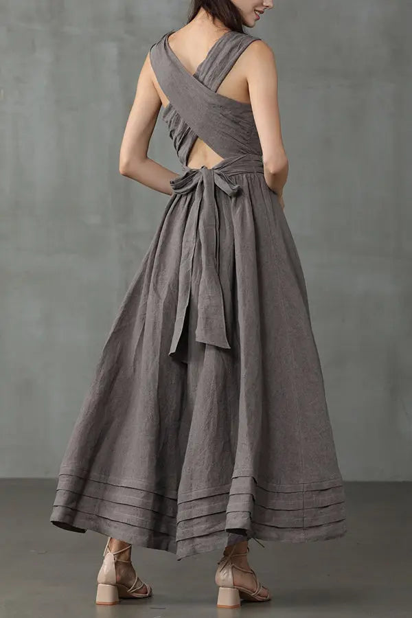 Cross Back O Neck Maxi Linen Dress  Fashionpara