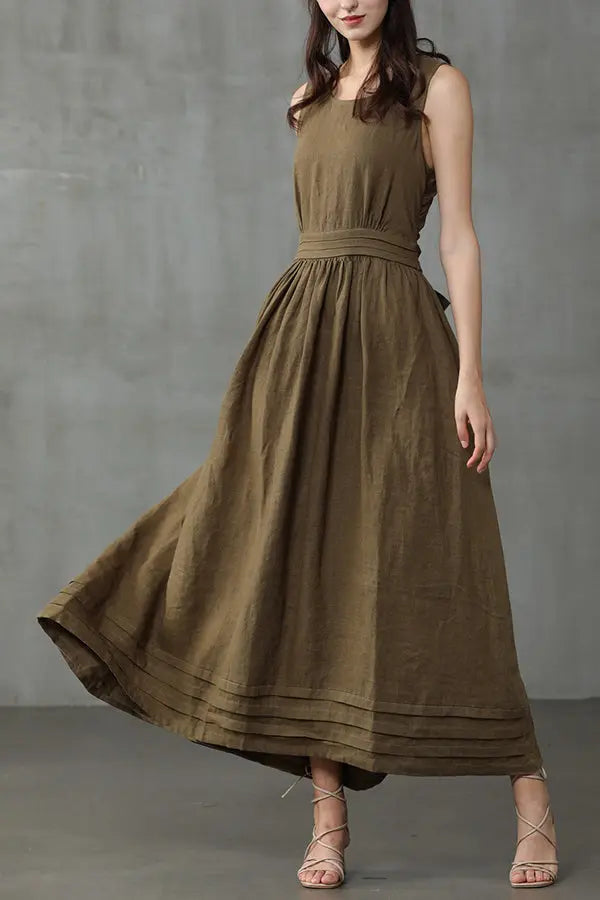 Cross Back O Neck Maxi Linen Dress - Fashionpara