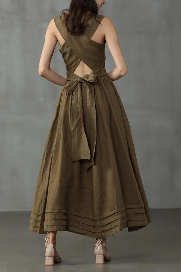 Cross Back O Neck Maxi Linen Dress  Fashionpara