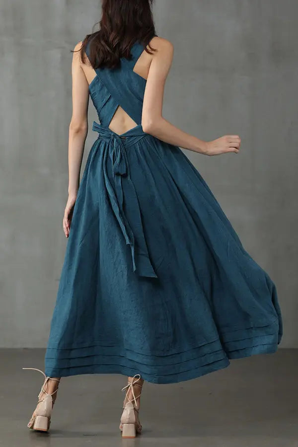 Cross Back O Neck Maxi Linen Dress  Fashionpara