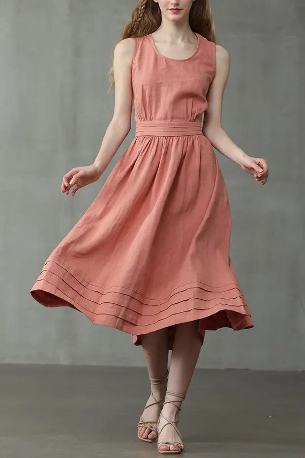 Cross Back O Neck Maxi Linen Dress - Fashionpara