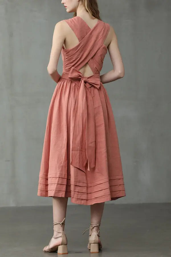Cross Back O Neck Maxi Linen Dress - Fashionpara