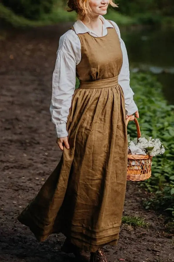 Cross Back O Neck Maxi Linen Dress - Fashionpara