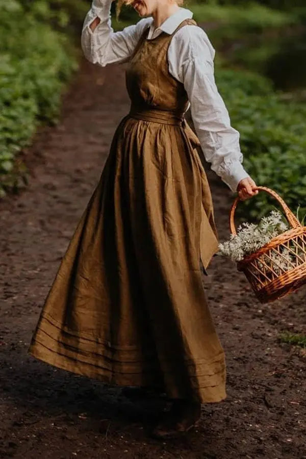 Cross Back O Neck Maxi Linen Dress - Fashionpara