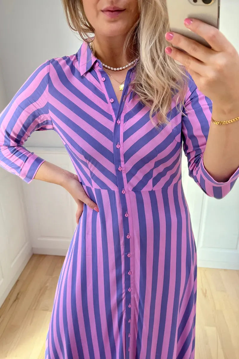 Stripe Long Sleeve Button Maxi Shirt Dress - Fashionpara