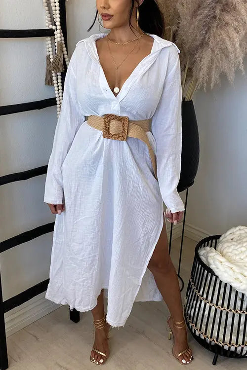 Button Henley Tunic Slit Midi Dress - Fashionpara