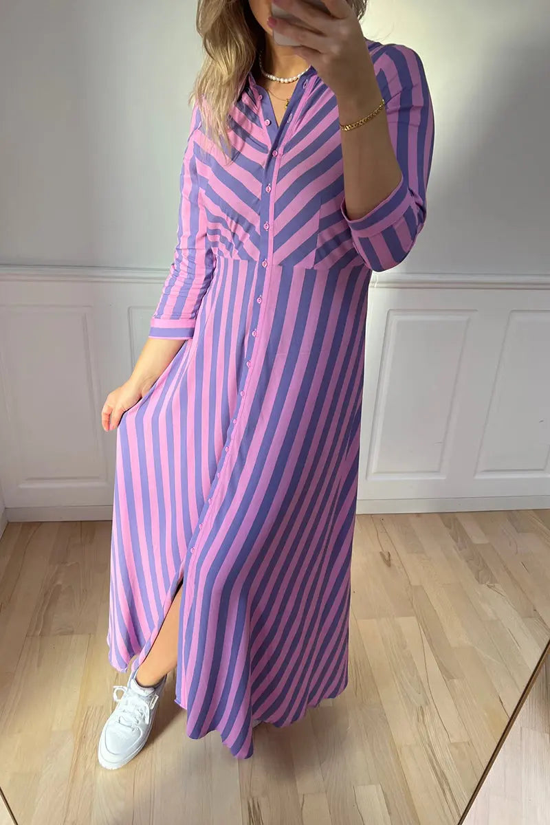 Stripe Long Sleeve Button Maxi Shirt Dress - Fashionpara