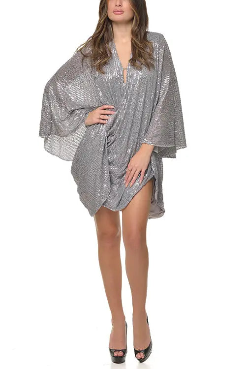 V Neck Sequins Backless Bat Ruched Mini Dress - Fashionpara