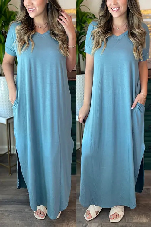 V Neck Side Slit Maxi Dress - Fashionpara