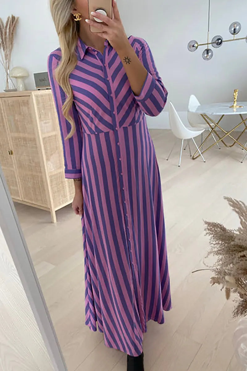 Stripe Long Sleeve Button Maxi Shirt Dress - Fashionpara