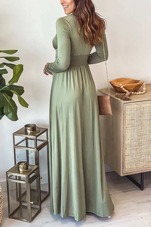 V Neck Long Sleece Slit Maxi Dress - Fashionpara
