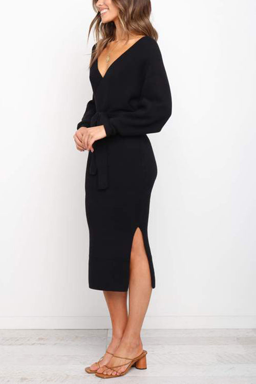 Surplice Wrap Side Slit Sweater Dress - Fashionpara