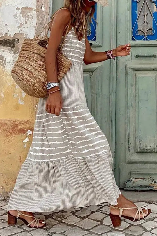 Stripe Patchwork Halter Neck Maxi Dress - Fashionpara