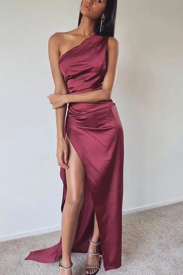 Elegance One Shoulder Slit Maxi Dress - Fashionpara