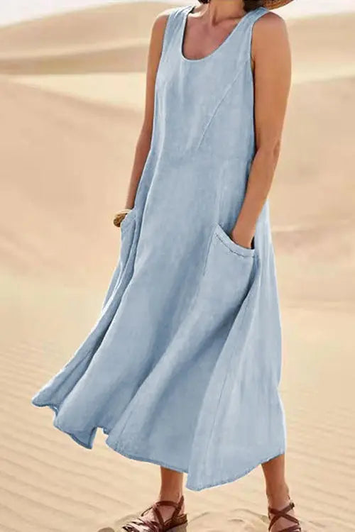 O Neck Pocket Sleeveless Maxi Dress - Fashionpara