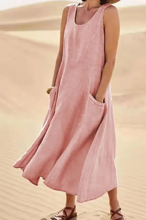 O Neck Pocket Sleeveless Maxi Dress - Fashionpara